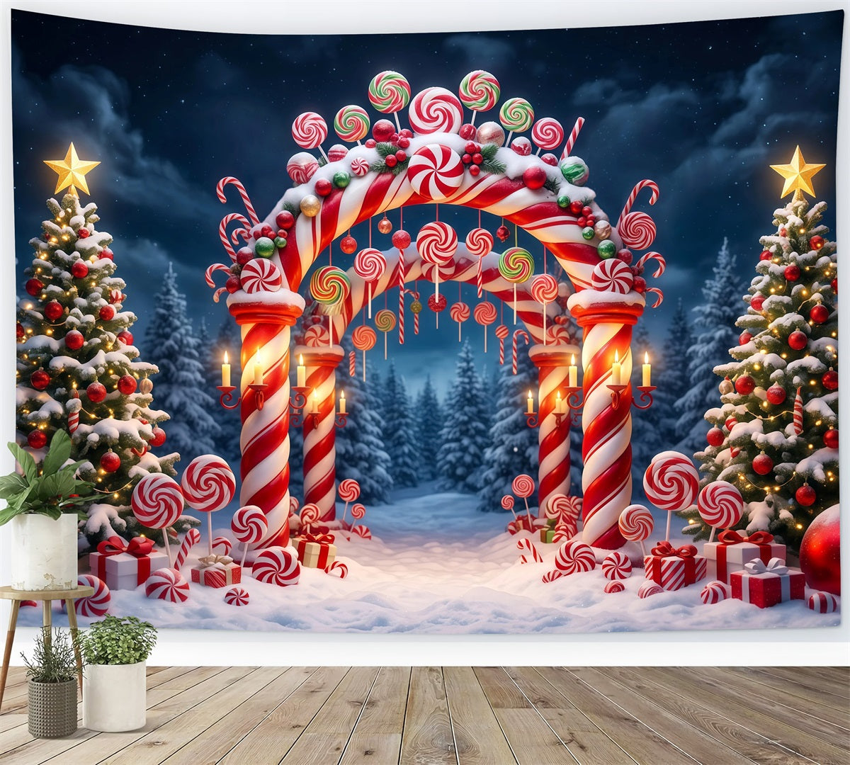 Fond De Noël Arche Bonbons Sucre Forêt Enneigée RR610-68