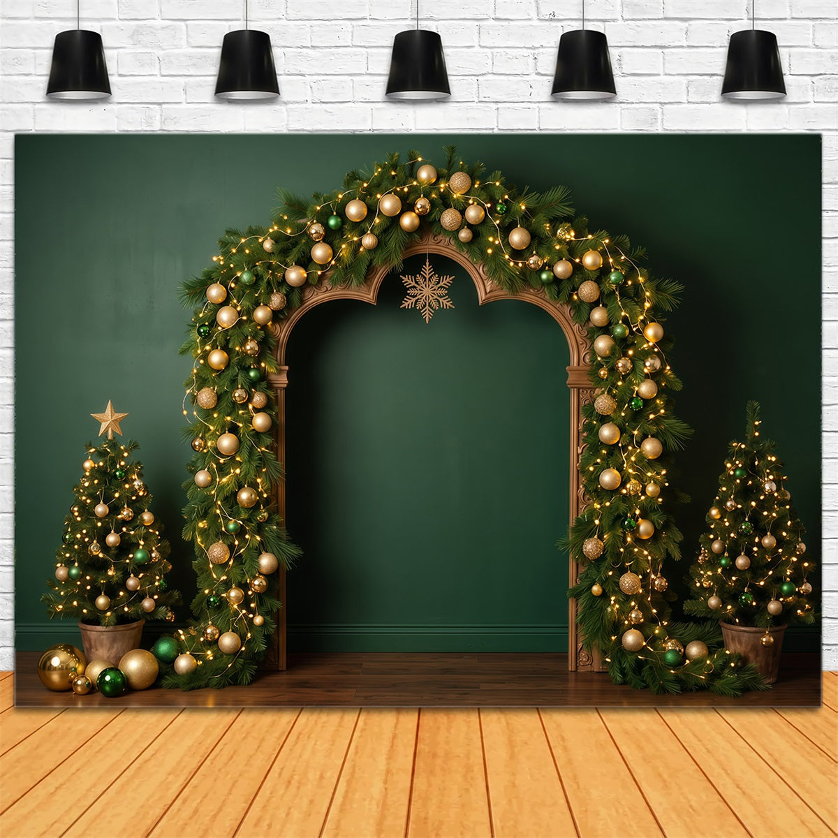 Fond De Noël Arche Ornements Sapins Dorés RR610-7