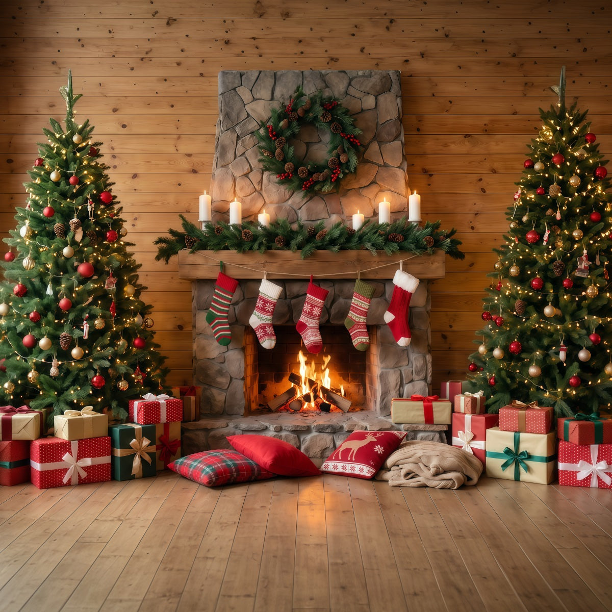 Fond Photo De Noël Cheminée Pierre Rustique Chaussettes RR610-74