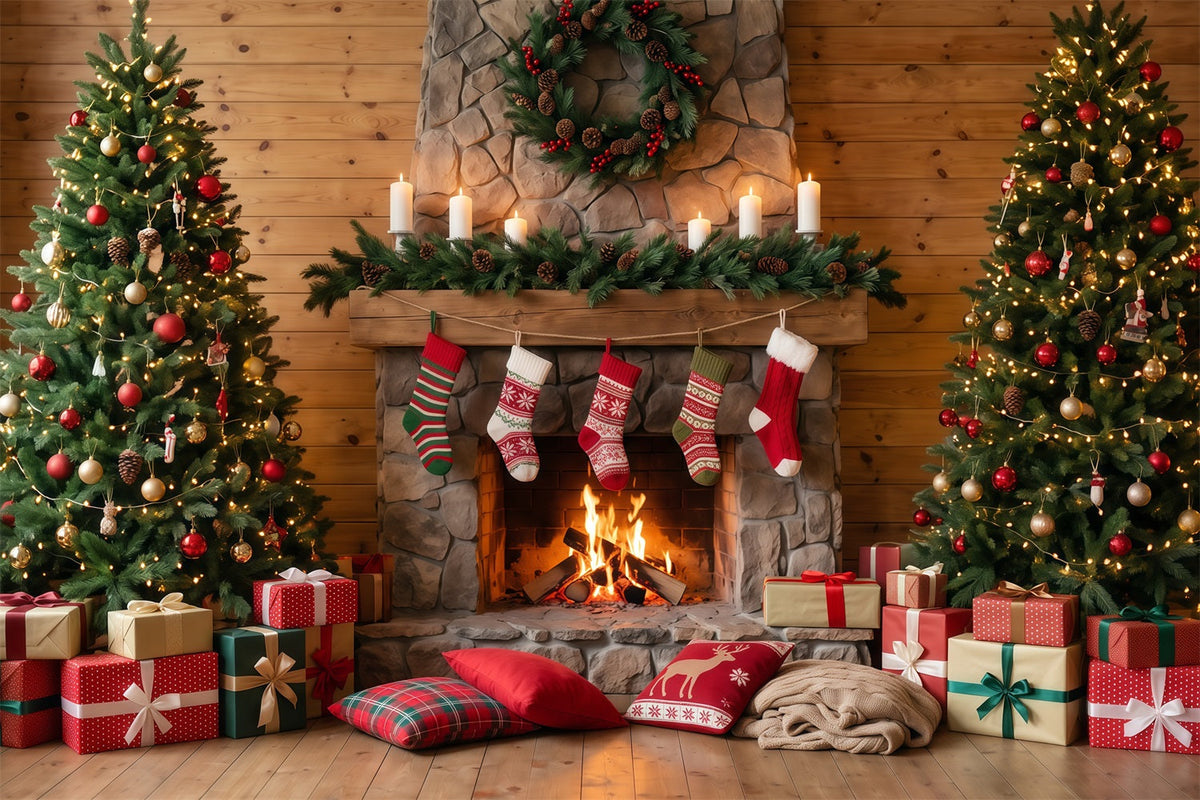 Fond Photo De Noël Cheminée Pierre Rustique Chaussettes RR610-74