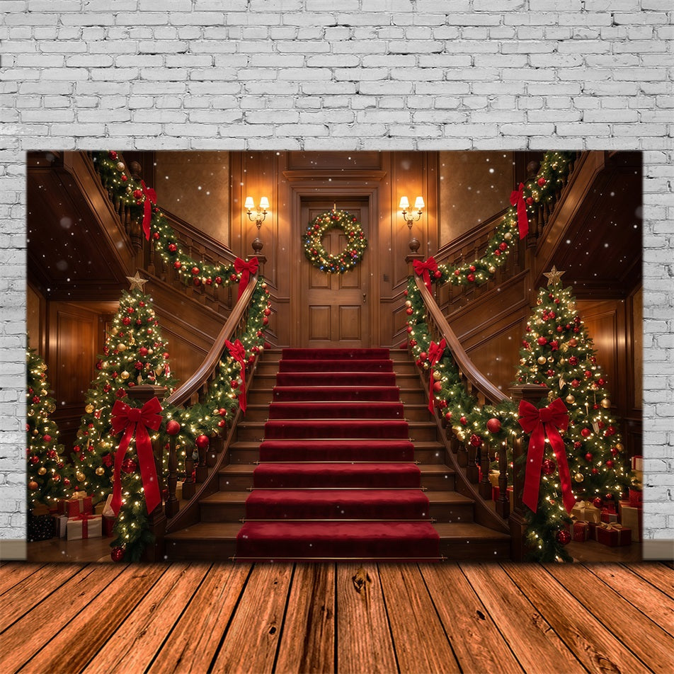 Fond De Noël Escalier Bordeaux Guirlande Décorative RR610-75