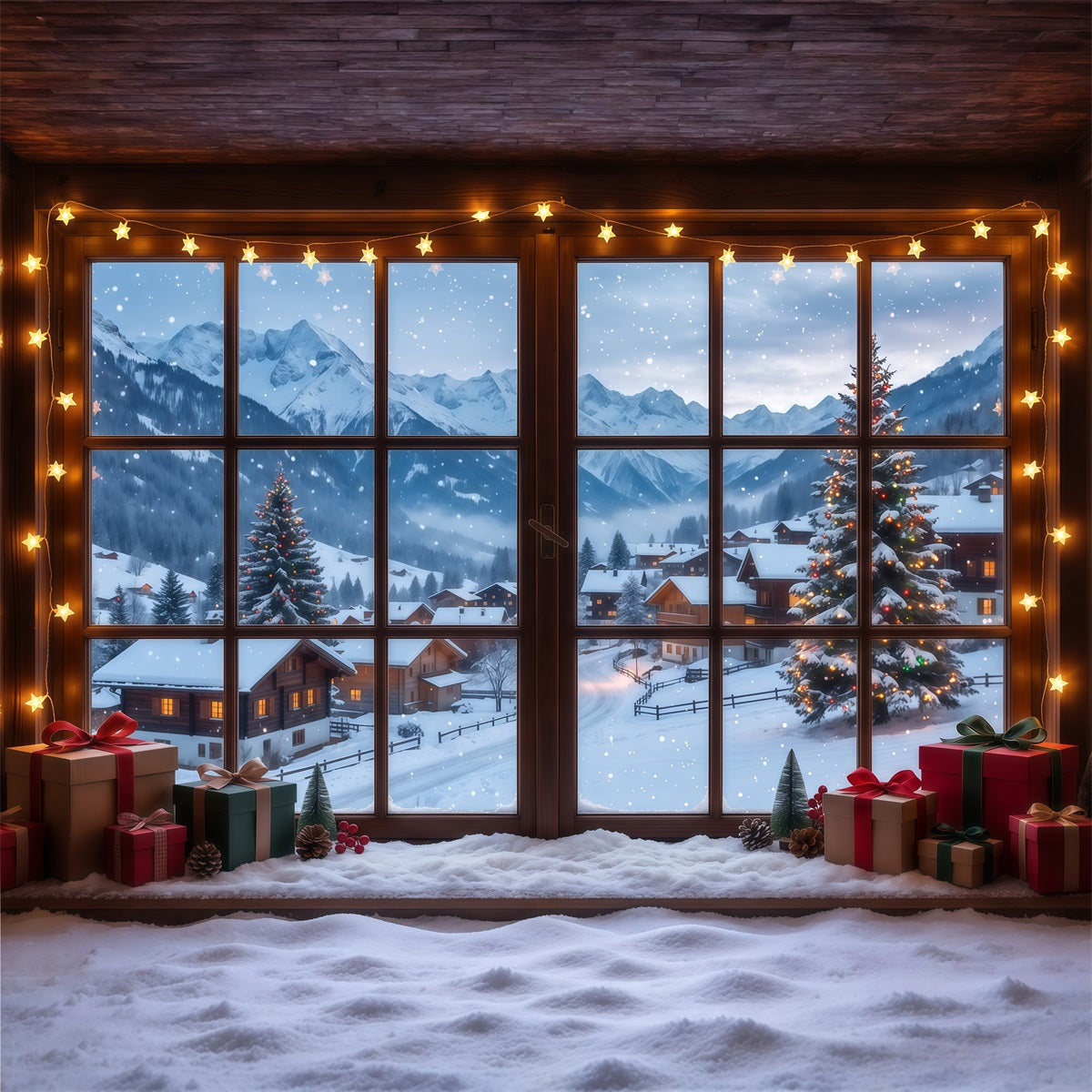 Fond De Noël Hiver Fenêtre Chalet Alpin Enneigé RR610-77