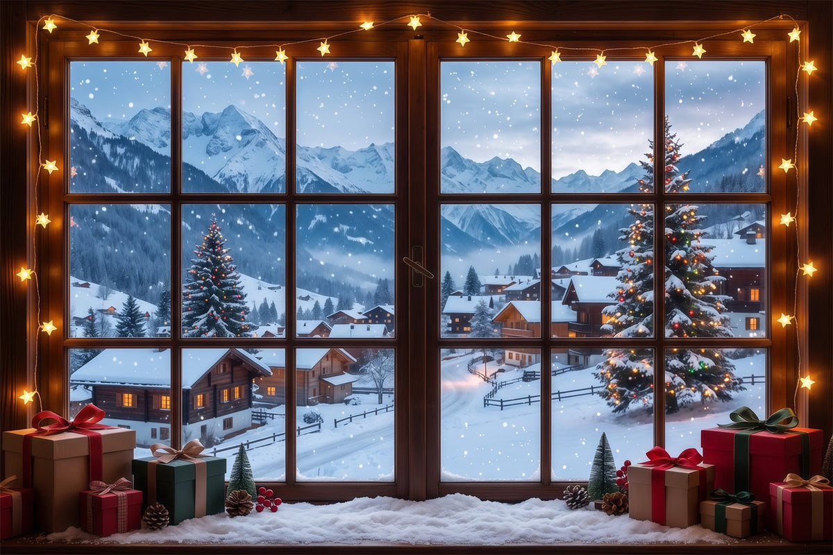 Fond De Noël Hiver Fenêtre Chalet Alpin Enneigé RR610-77