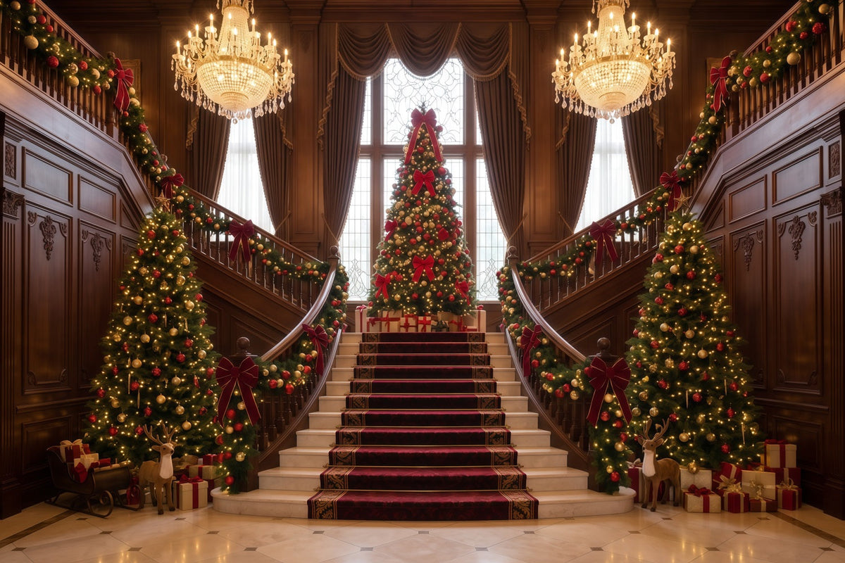 Fond De Noël Salon Grand Escalier Sapins RR610-78