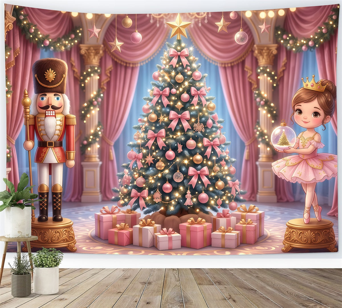 Fond Casse-Noisette Ballet Palais Rose Nœud Sapin RR610-8