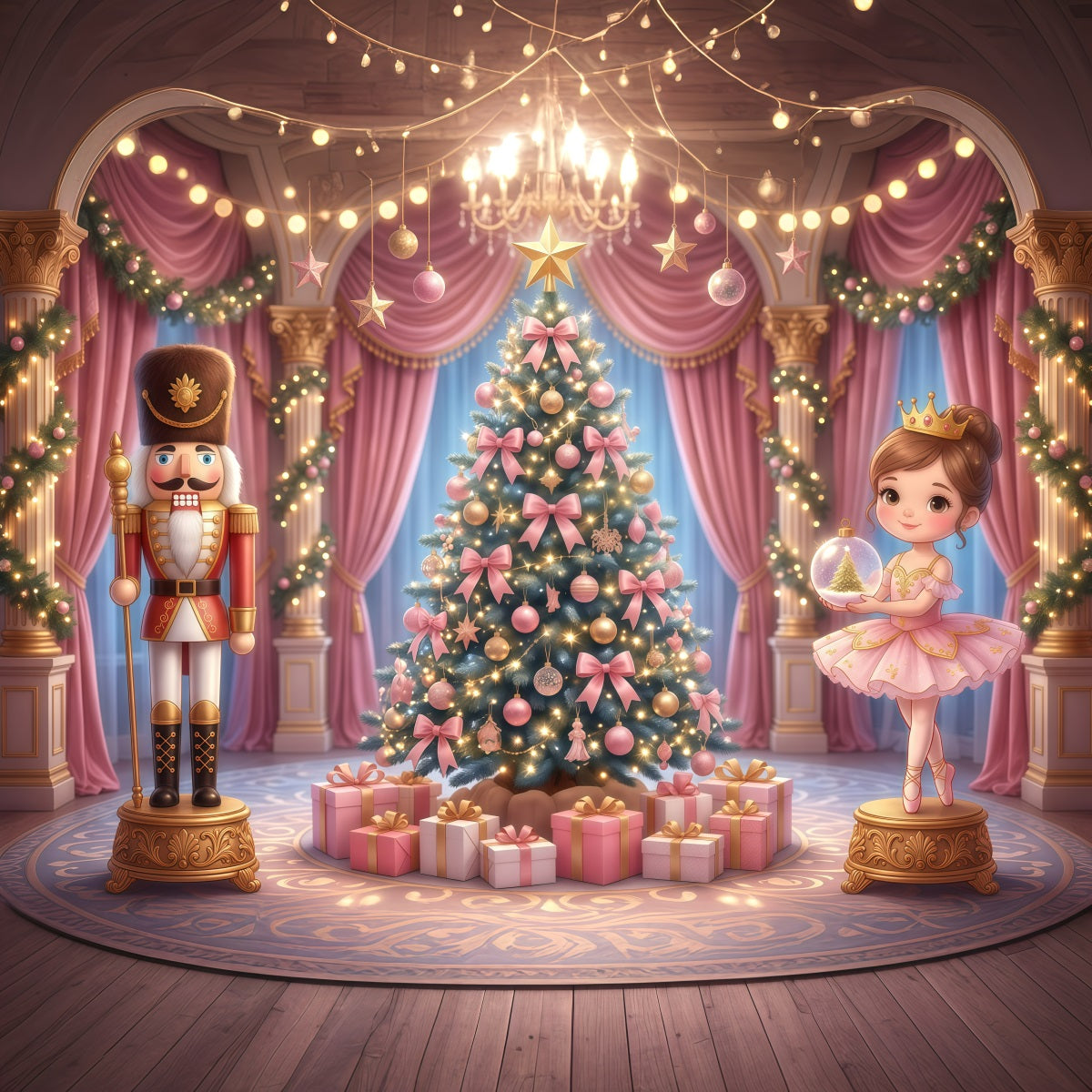 Fond Casse-Noisette Ballet Palais Rose Nœud Sapin RR610-8