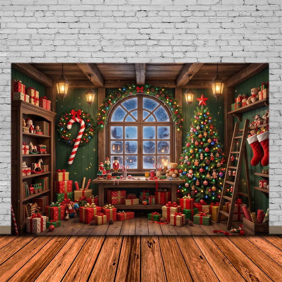 Fond Photo Père Noël Fenêtre Atelier Jouets Festif RR610-82