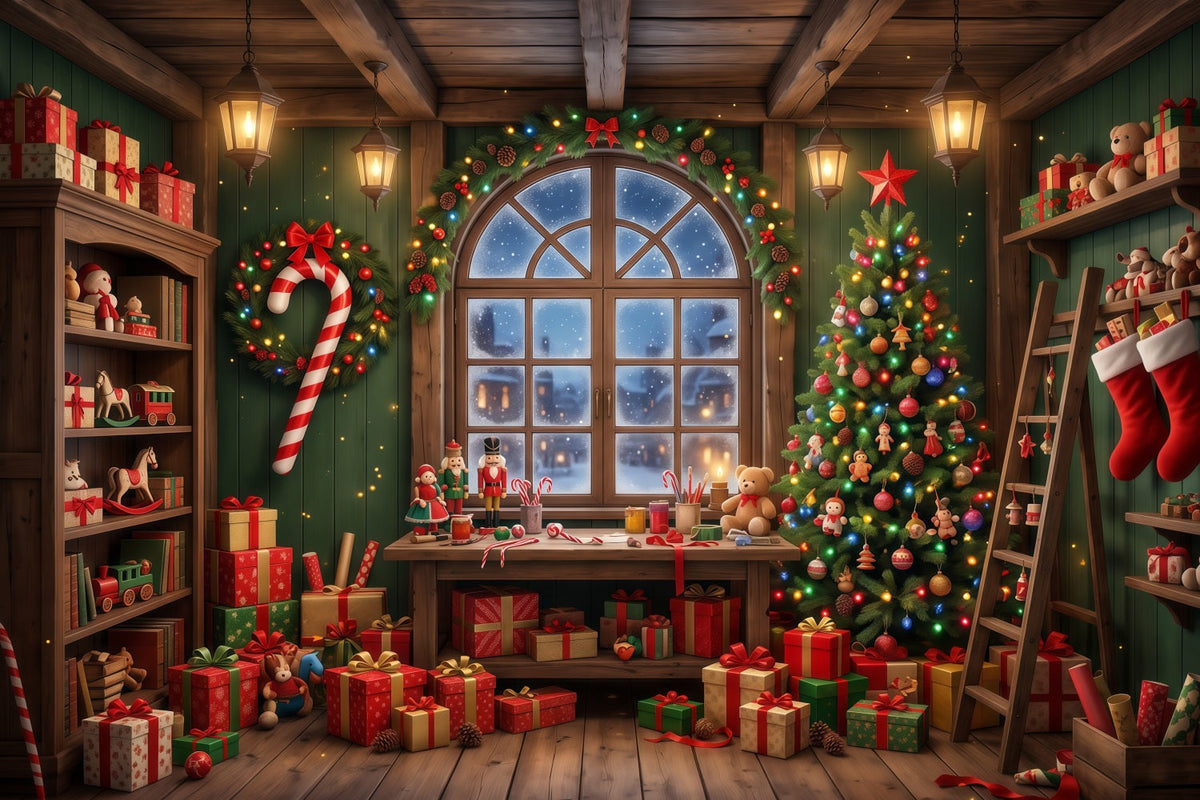 Fond Photo Père Noël Fenêtre Atelier Jouets Festif RR610-82