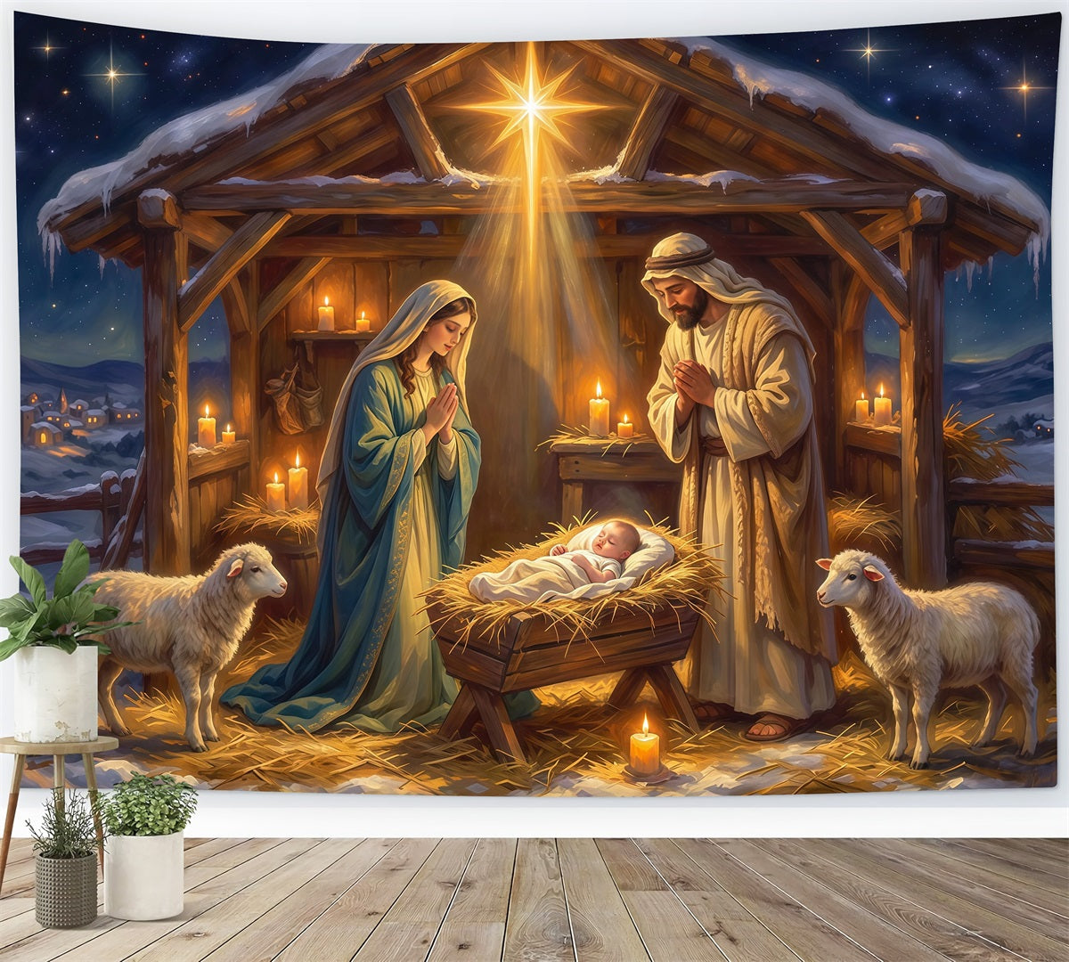 Fond De Crèche De Noël Abri Mangeoire Ciel Étoilé RR610-84