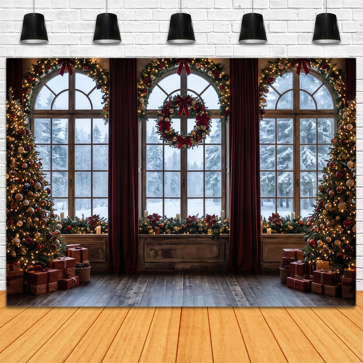 Fond De Noël Fenêtre Givrée Couronne Décorative RR610-85