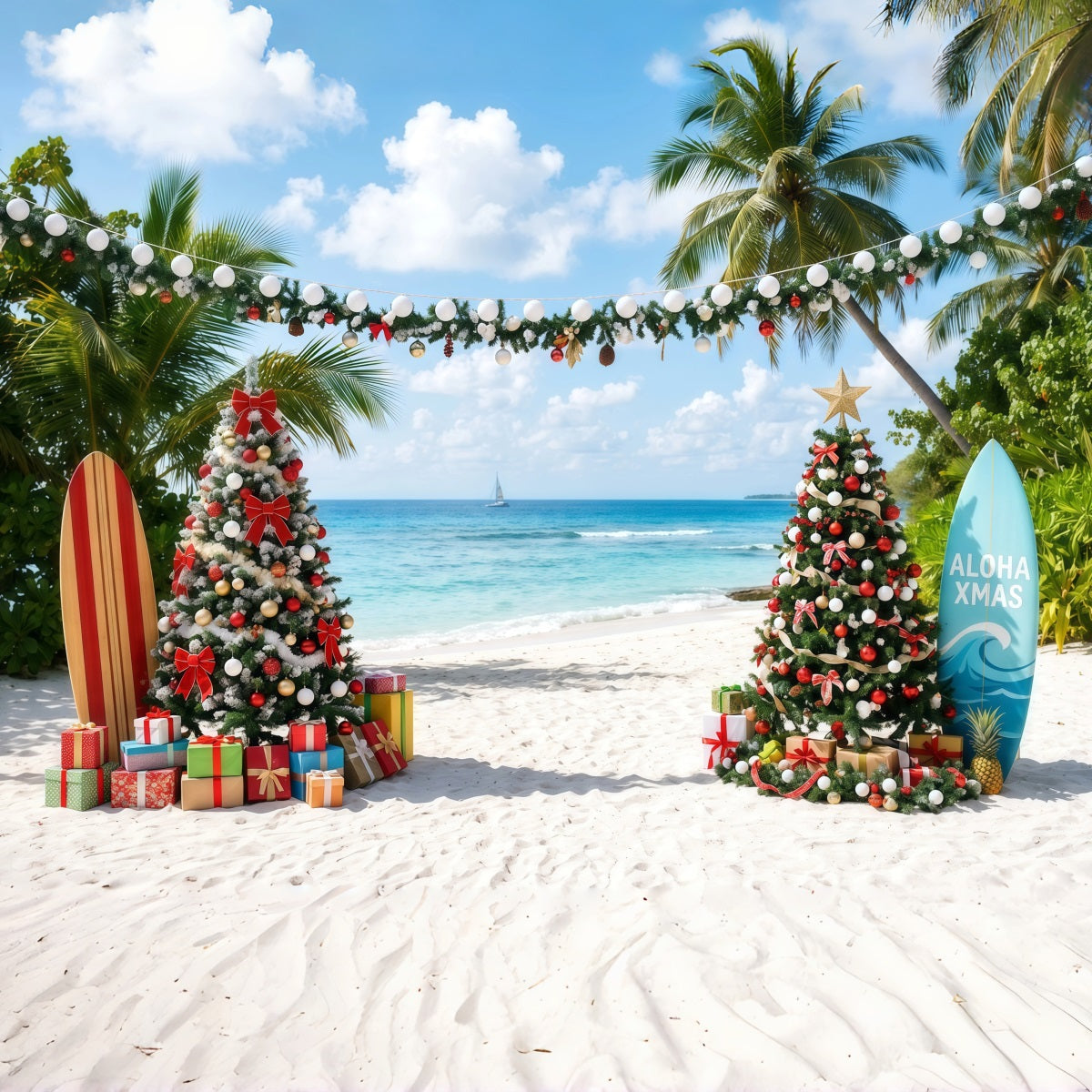 Fond De Noël Tropical Mer Plage Planche Surf RR610-87