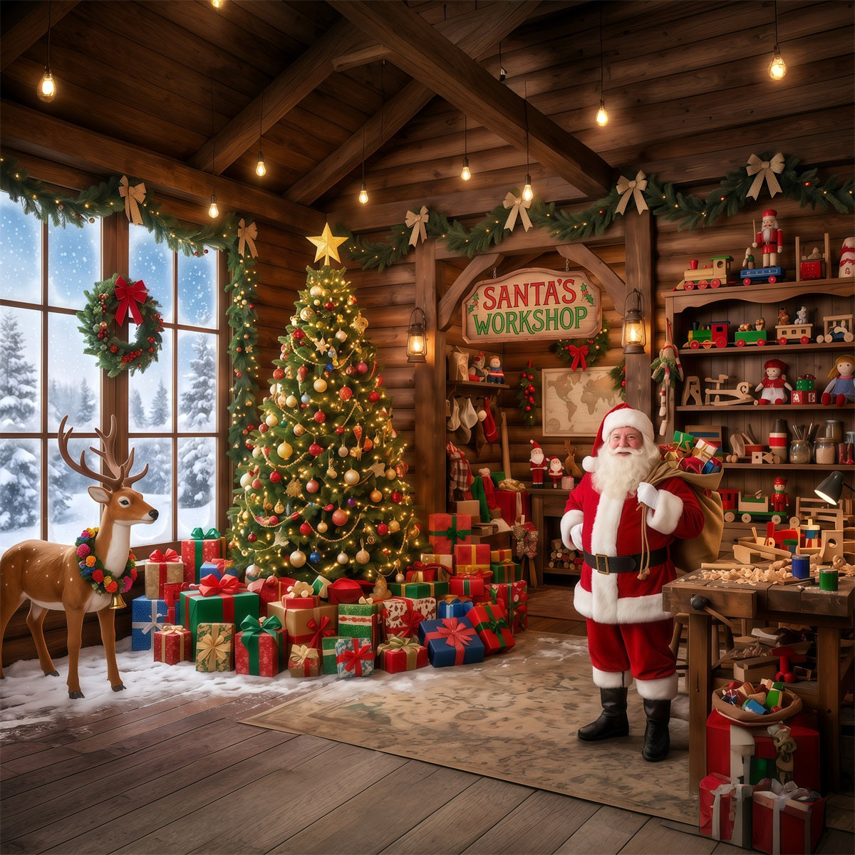 Fond Photo Atelier Père Noël Intérieur Salle Jouets Rustique RR610-89