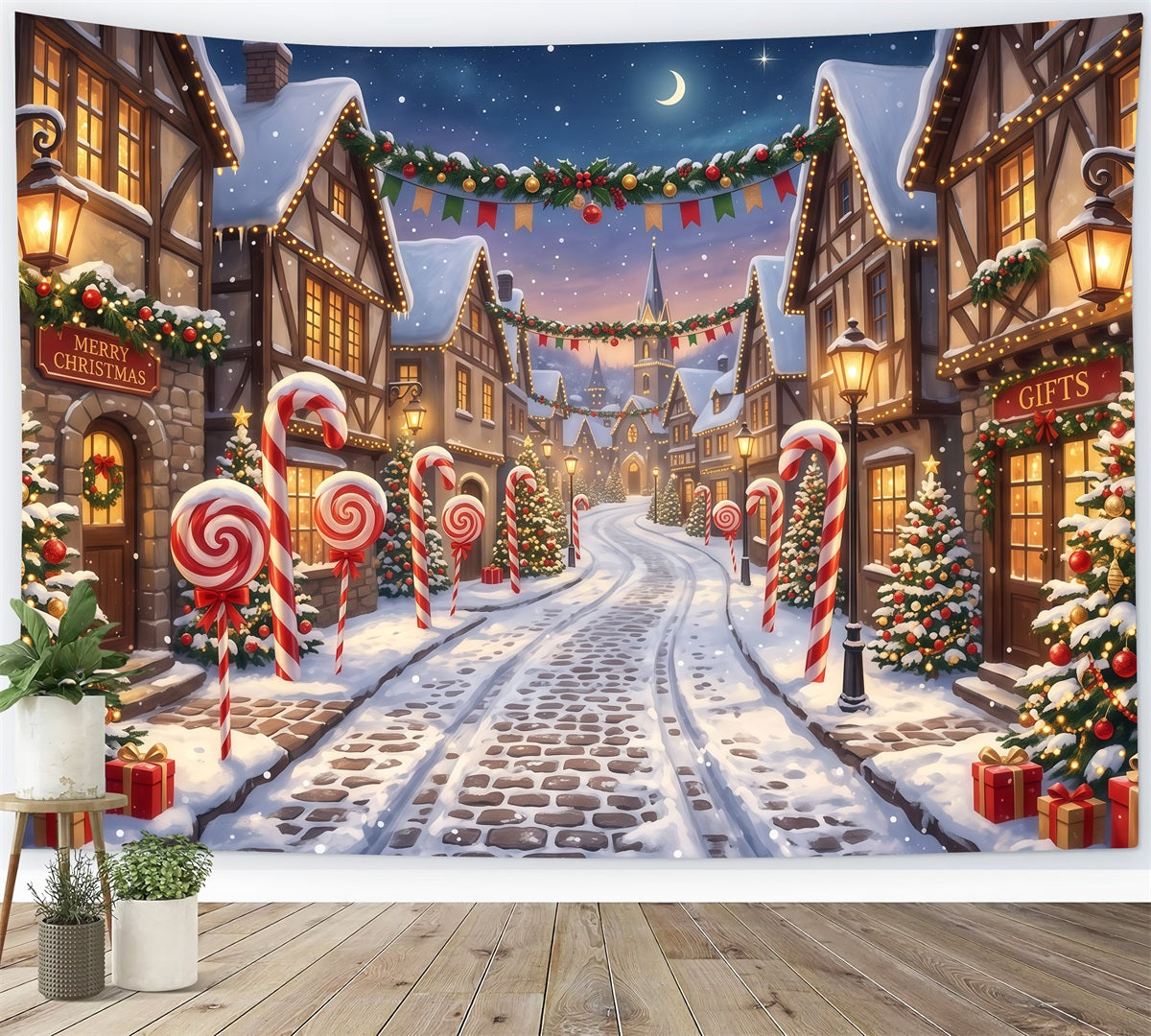 Fond De Village De Noël Rue Enneigée Bonbons Sucre RR610-94