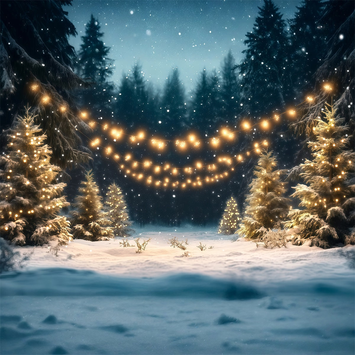 Fond Photo Ferme De Sapins Forêt Enneigée Lumières Dorées RR610-96