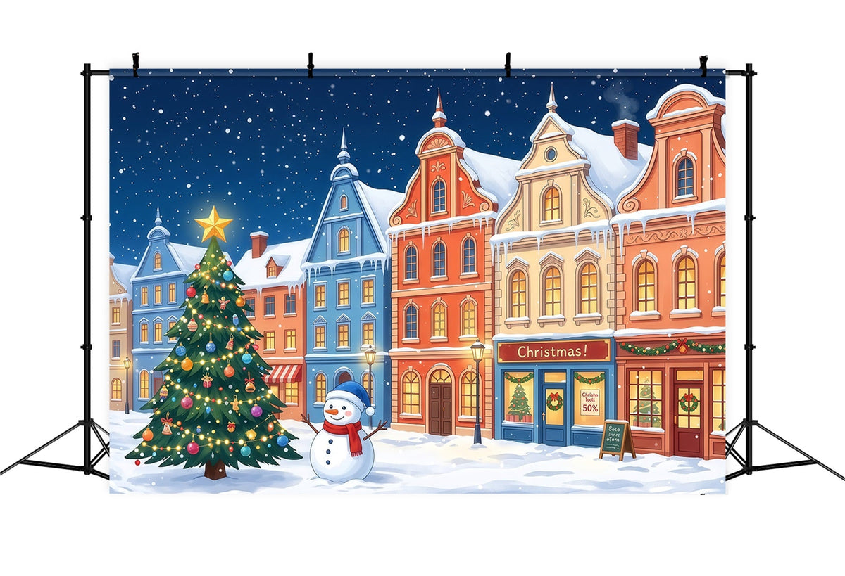 Fond De Ville De Noël Maisons Colorées Village Bonhomme Neige RR610-97