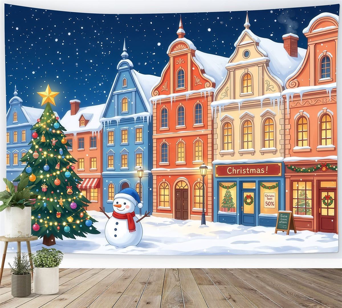 Fond De Ville De Noël Maisons Colorées Village Bonhomme Neige RR610-97