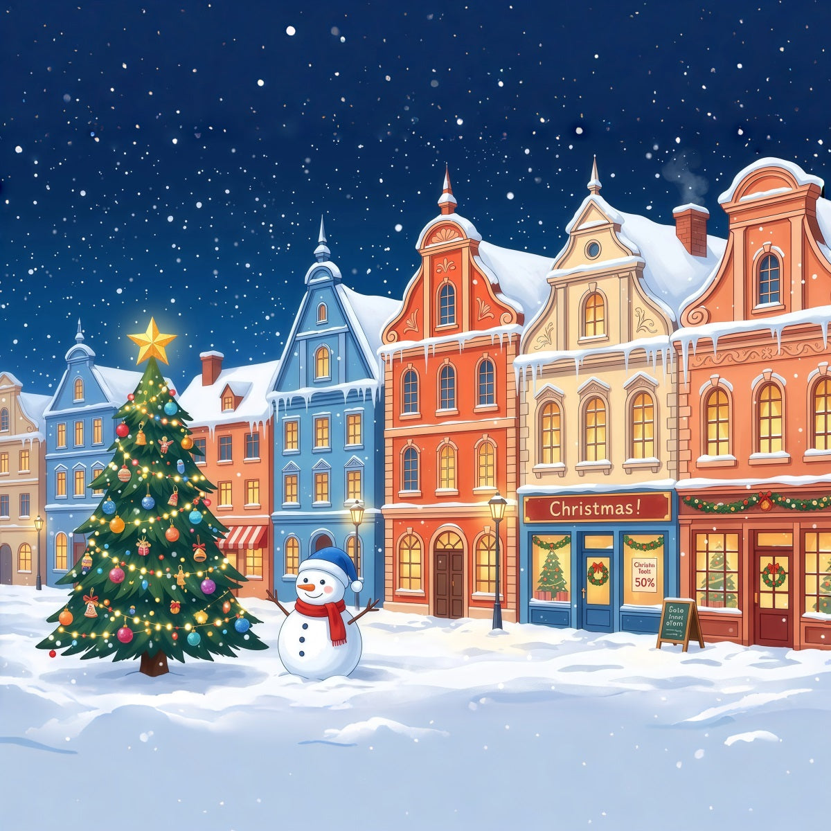 Fond De Ville De Noël Maisons Colorées Village Bonhomme Neige RR610-97