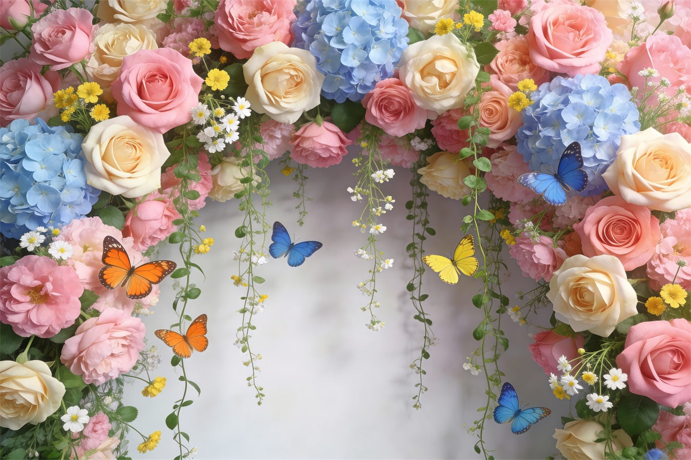 Toile de Fond Papillon Arche Florale Pastel Marguerites Roses RR62-1