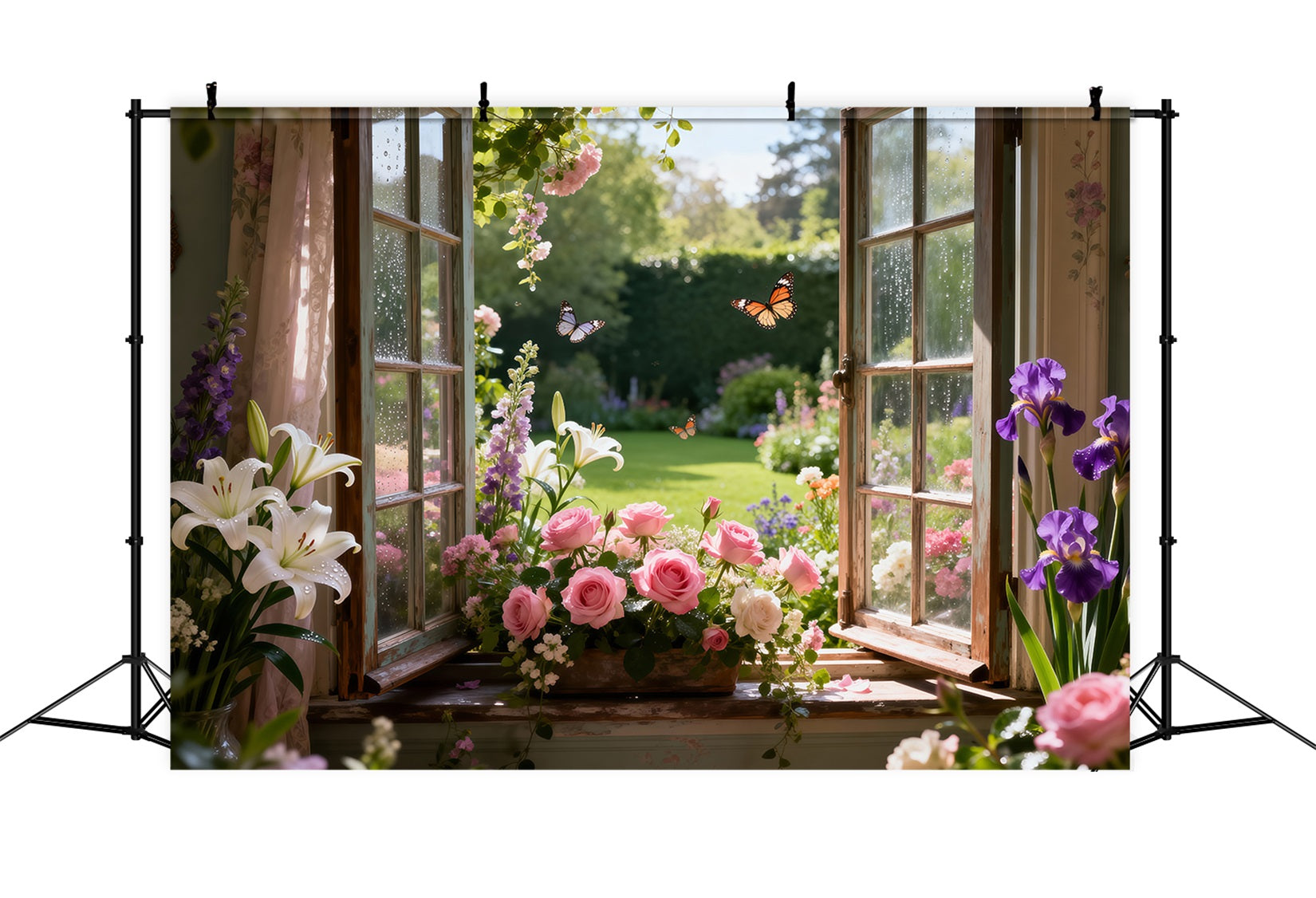 Fond Photo Papillon Fenêtre Jardin Lys Roses En Fleurs RR62-17