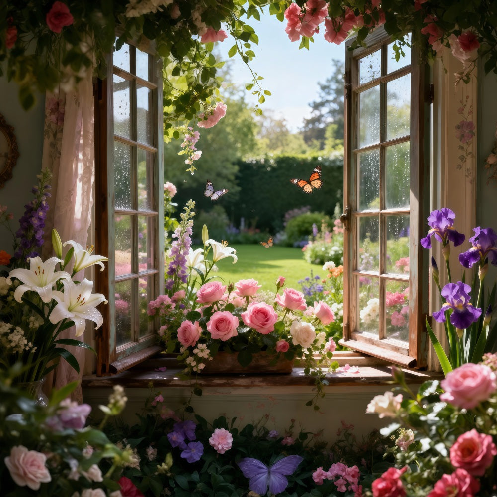 Fond Photo Papillon Fenêtre Jardin Lys Roses En Fleurs RR62-17