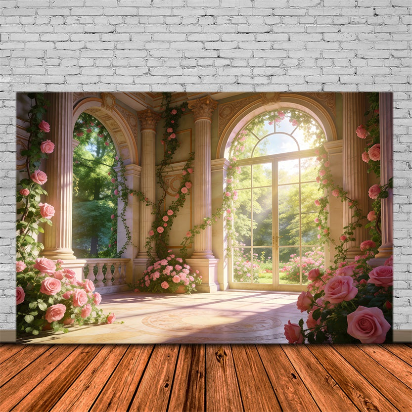 Toile de Fond Roseraie Fleurs Palais Élégant Lumière Du Soleil RR62-20