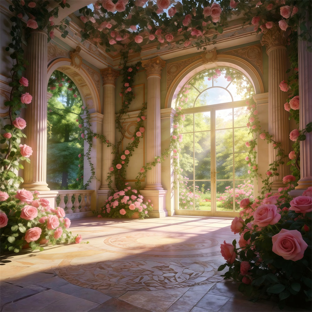 Toile de Fond Roseraie Fleurs Palais Élégant Lumière Du Soleil RR62-20