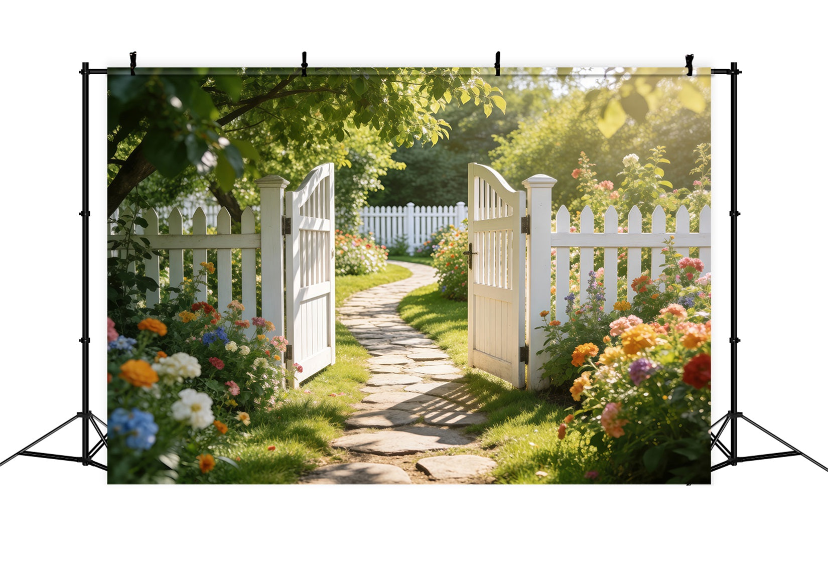 Toile de Fond Photo Jardin Enchanté Clôture Blanche Sentier Prairie RR62-27