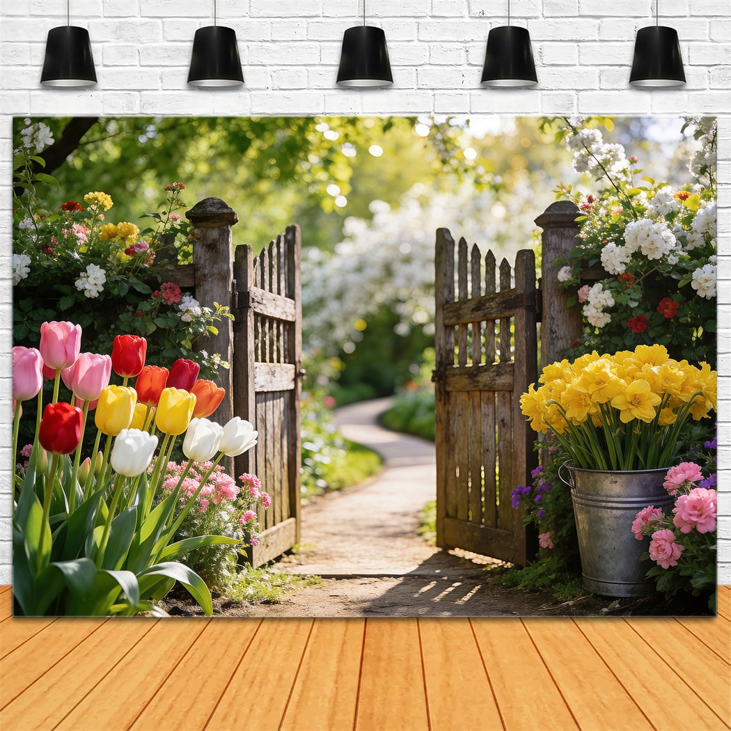 Toile de Fond Jonquilles Portail Bois Jardin Tulipees RR62-29