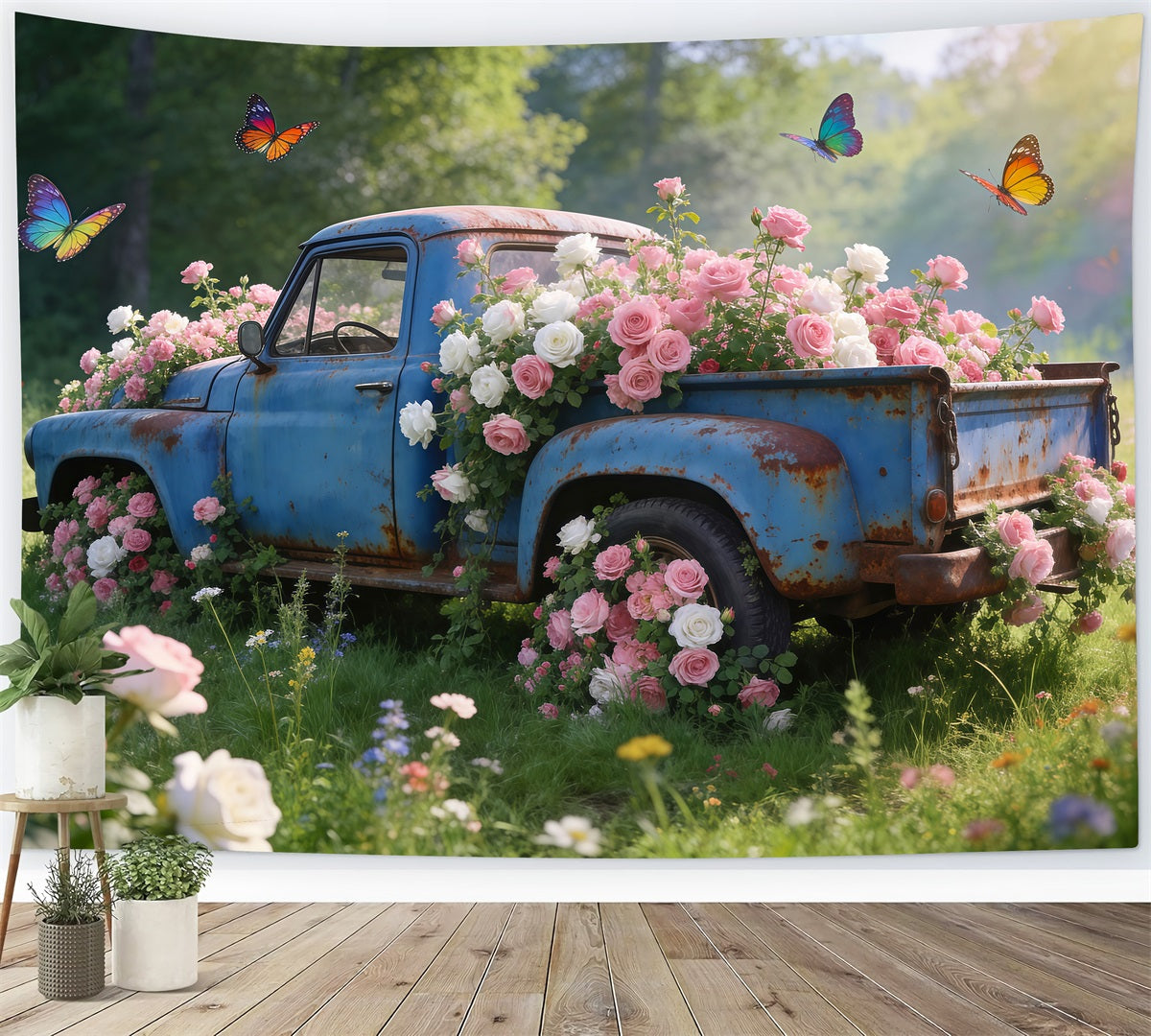 Fond Photo Fleurs Sauvages Camion Bleu Vintage Prairie De Roses RR62-31