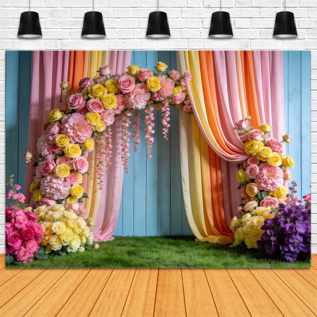 Fond Studio Mariage Printanier Arche Drapée Fleurs Pastel RR62-37