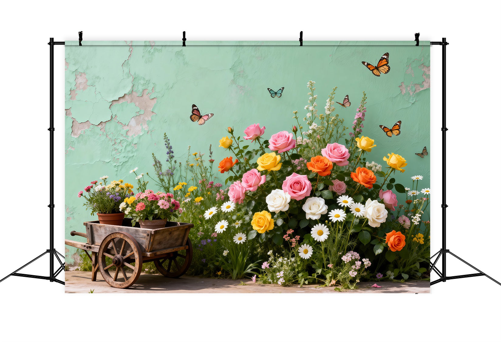 Toile de Fond Papillon Chariot Jardin Vintage Fleuri RR62-46