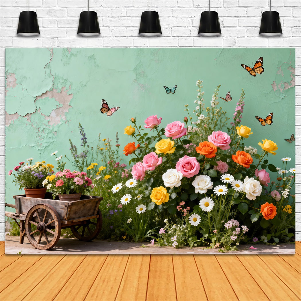 Toile de Fond Papillon Chariot Jardin Vintage Fleuri RR62-46