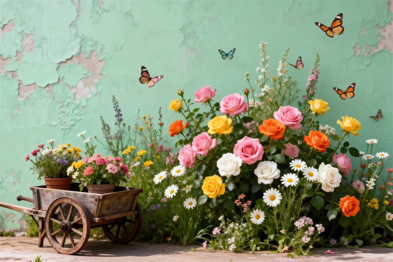 Toile de Fond Papillon Chariot Jardin Vintage Fleuri RR62-46