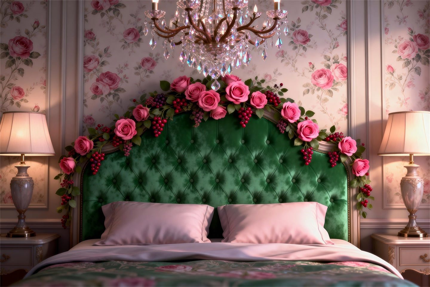 Fond Photo Boudoir Élégance Lustre Émeraude Rose RR62-52