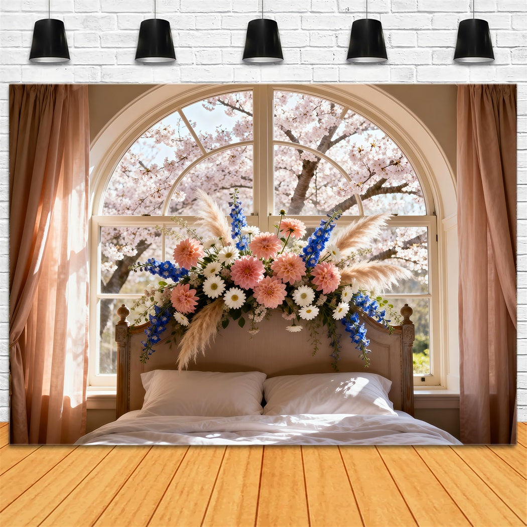 Fond Studio Boudoir Lit Fenêtre Fleurie Ensoleillée RR62-55