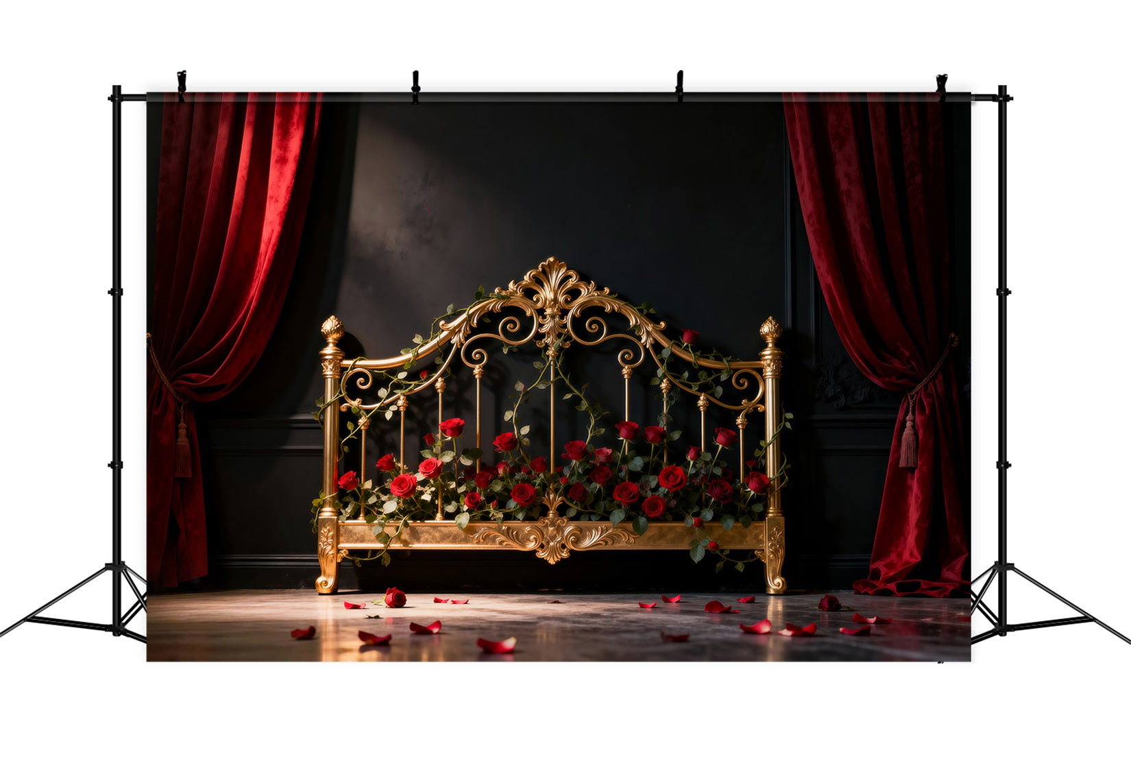 Toile de fond Photo Boudoir Lit en Fer Doré Roses RR62-59