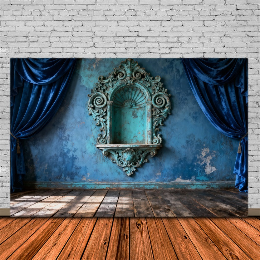 Fond Photo Boudoir Draperie Murale Baroque Sarcelle Antique RR62-87