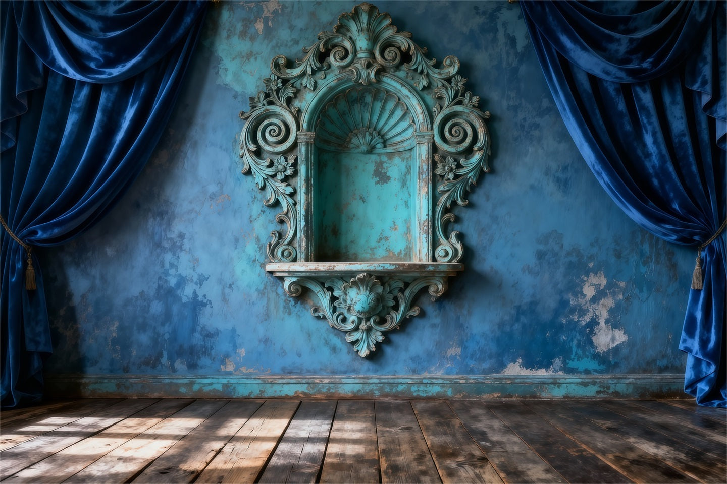 Fond Photo Boudoir Draperie Murale Baroque Sarcelle Antique RR62-87