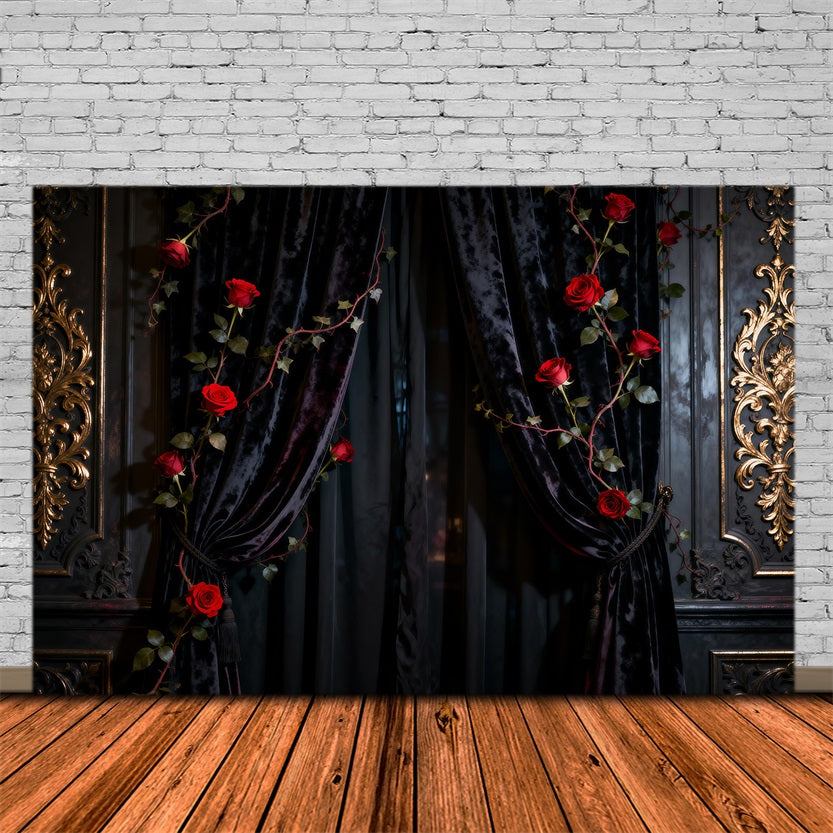 Fond Photo Boudoir Mur Rideau Velours Noir Roses RR62-92