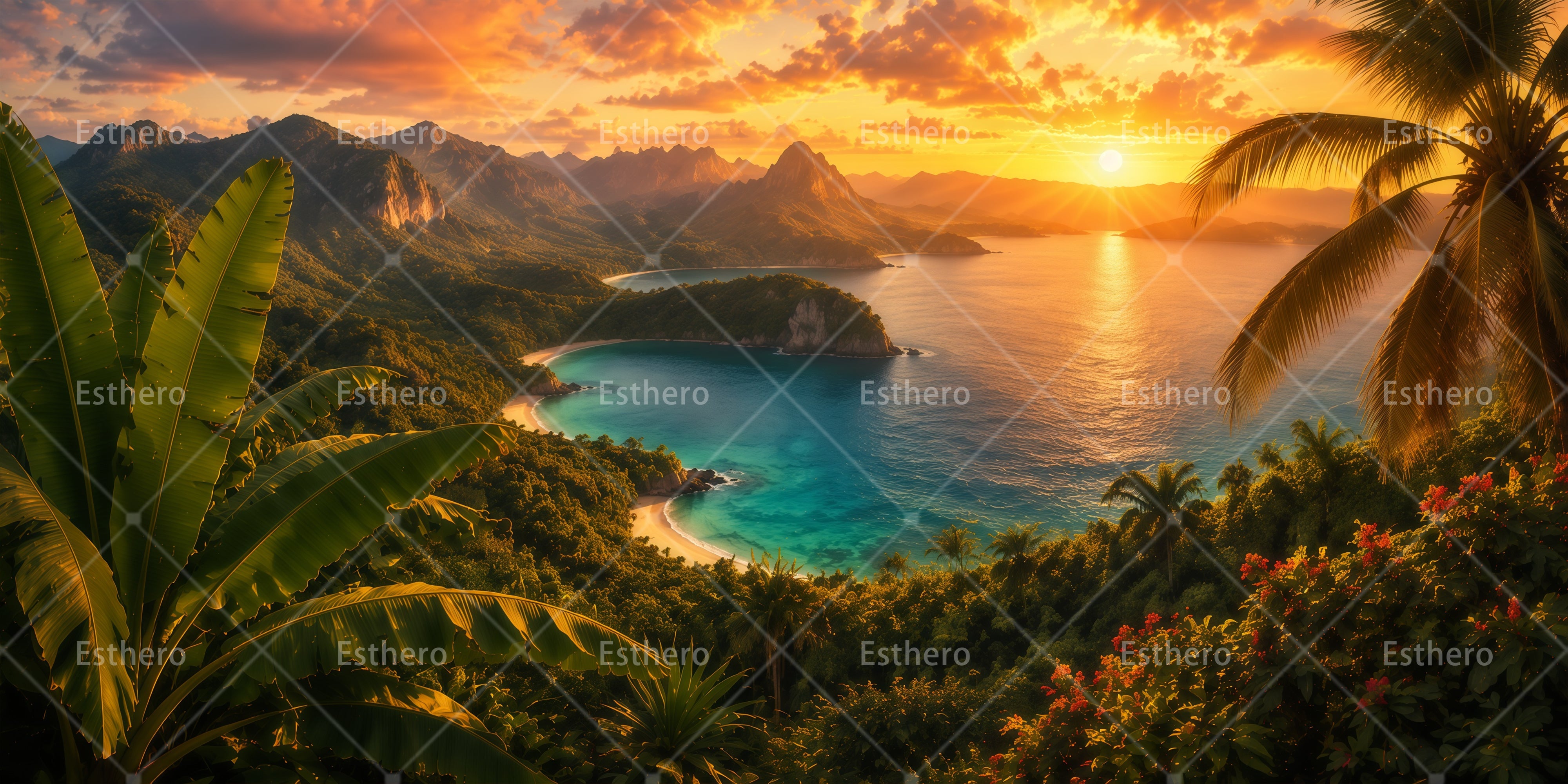 Toile de fond jungle tropicale coucher de soleil décor de scène RR65-T35