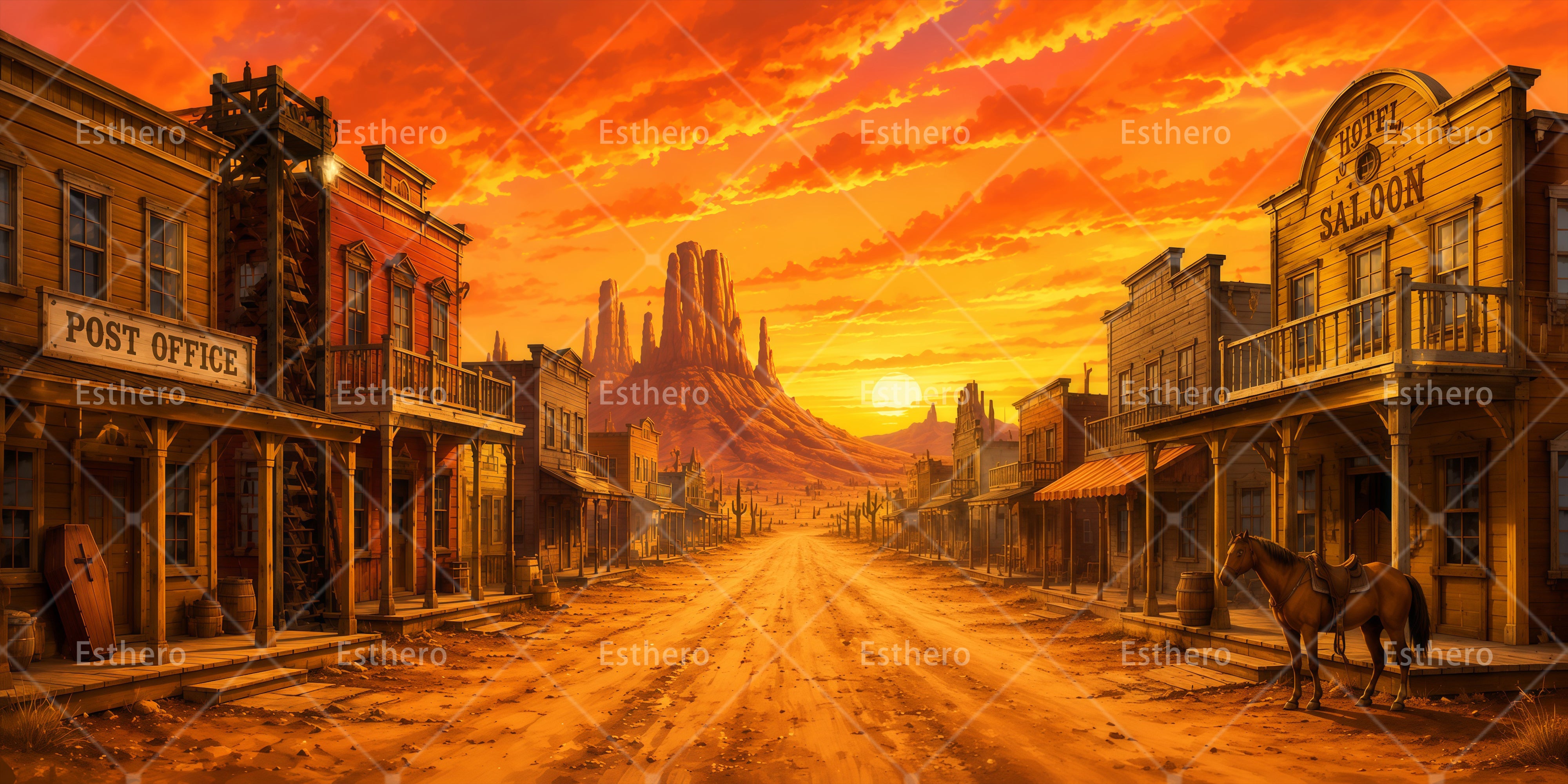 Toile de fond western village au coucher du soleil décor VBS Scuba RR65-T4
