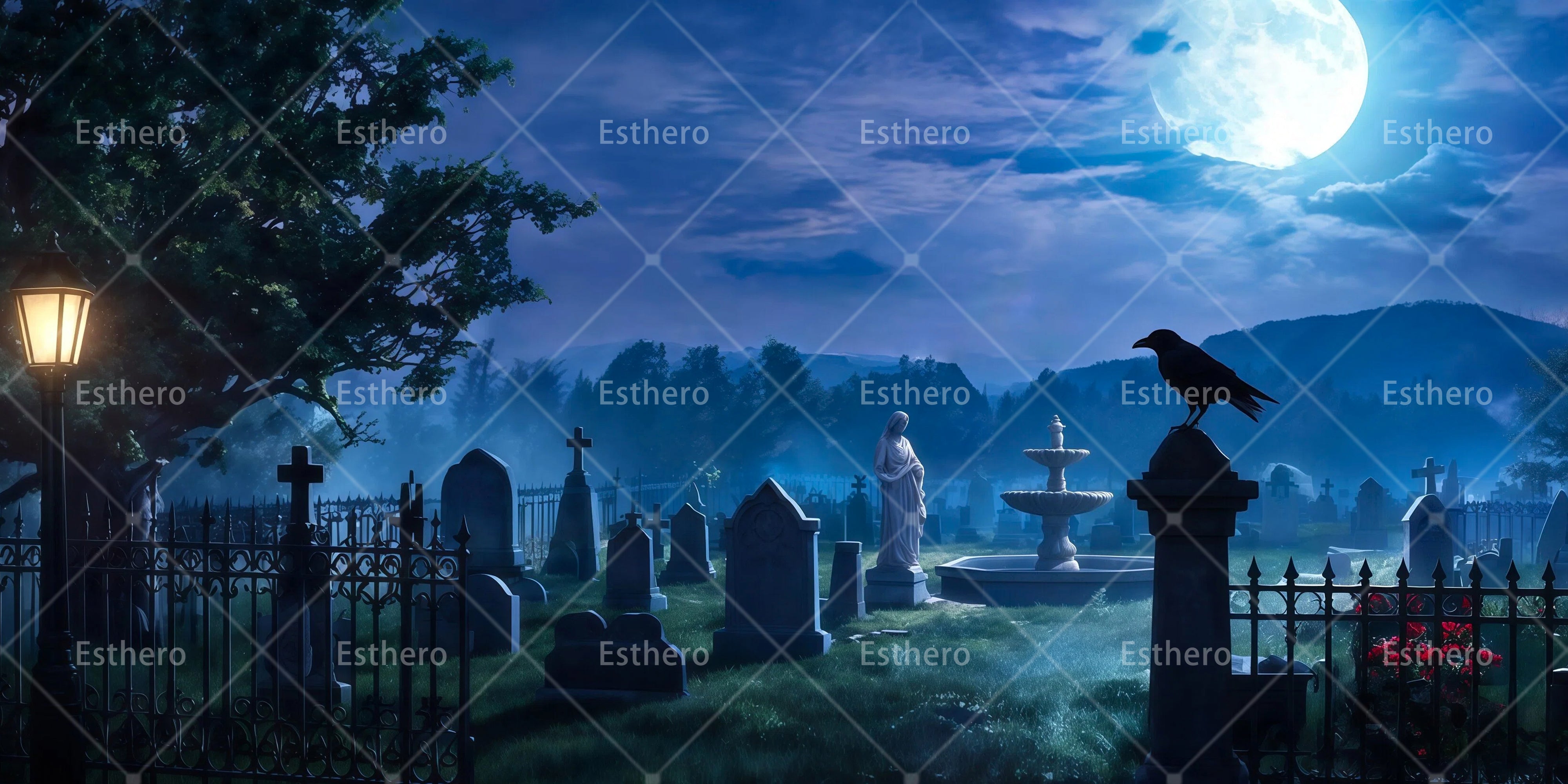 Toile de fond cimetière nocturne décor de cinéma RR65-T61