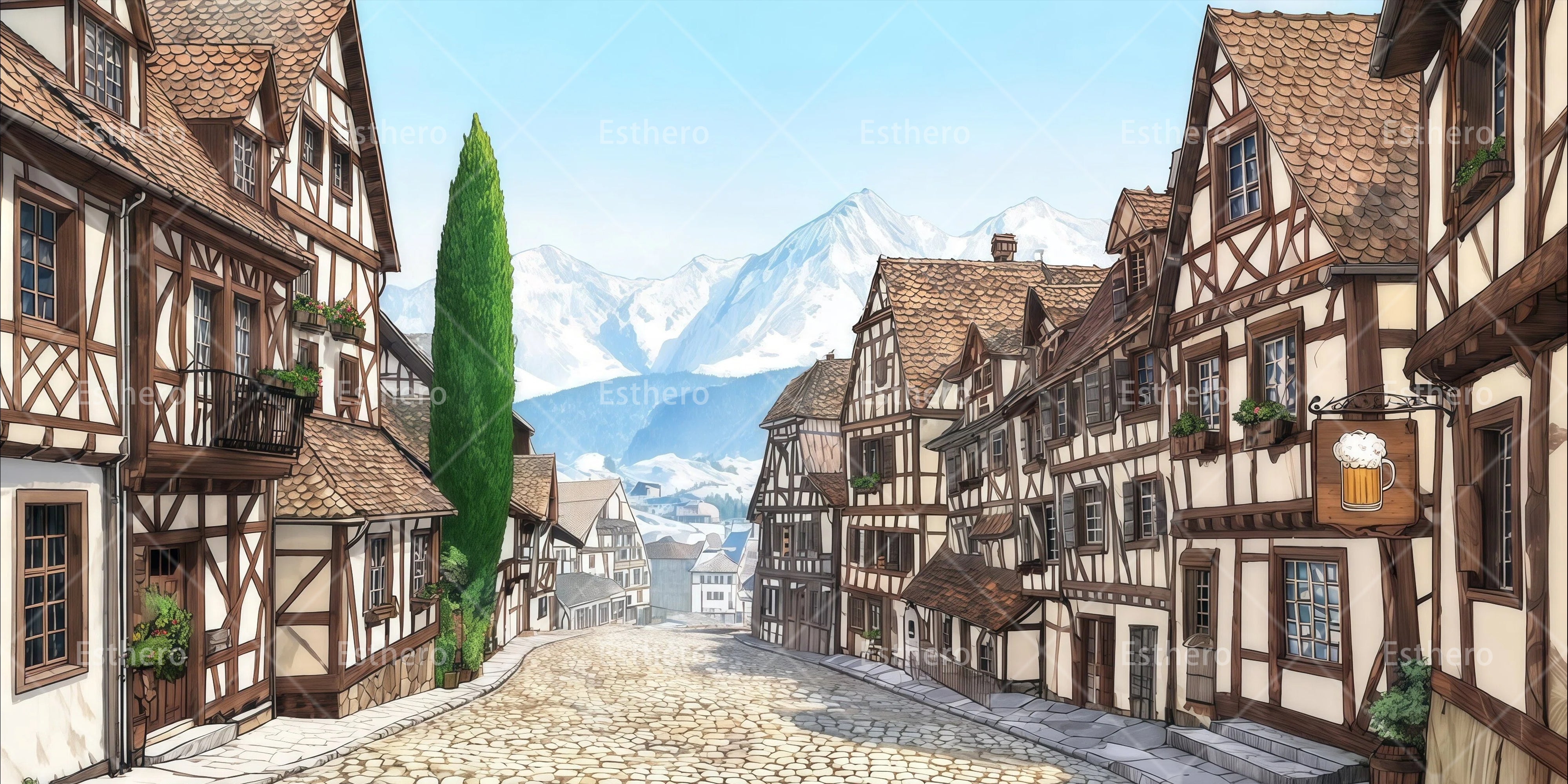 Décor de village européen toile de fond de scène pour théâtre RR65-T78