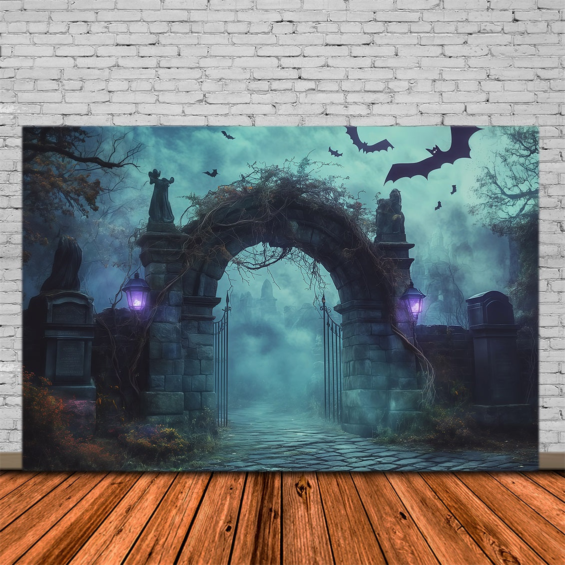 Décor Photo D'Halloween En Extérieur Arche De PieRRe Dans Un Cimetière Brumeux RR67-121