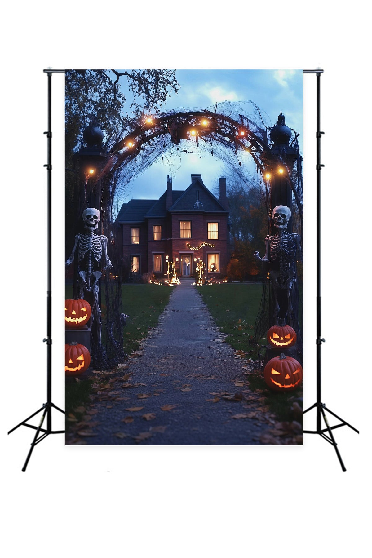 Toile De Fond D'Halloween En Tissu Arche De Squelettes Et Chemin De Citrouilles R67-129