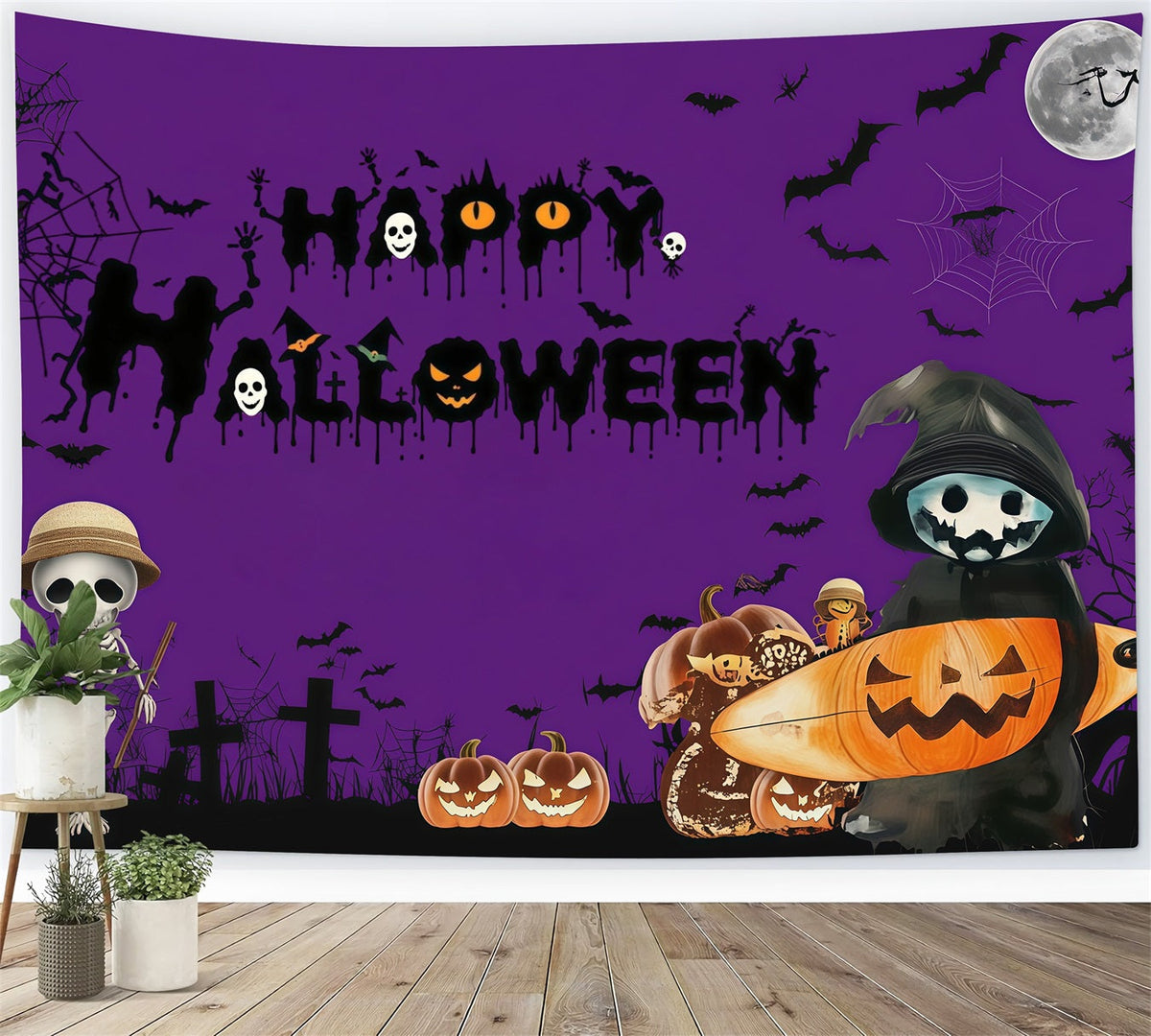 Idées De Décors Pour Photomaton D'Halloween Citrouille Squelette Violette Décor Photo De Nuit D'Halloween RR67-15