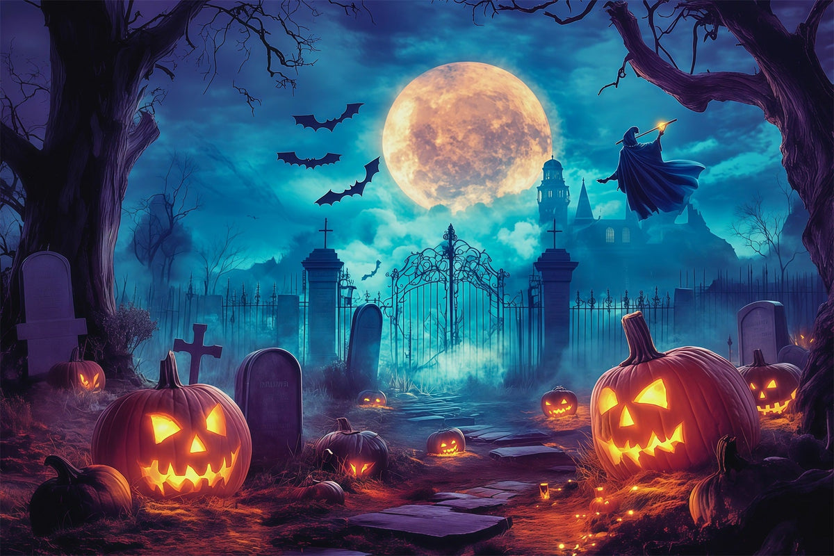 Décors Sur Le Thème D'Halloween Cimetière De Citrouilles Et Sorcière Au Clair De LuneIdées RR67-5