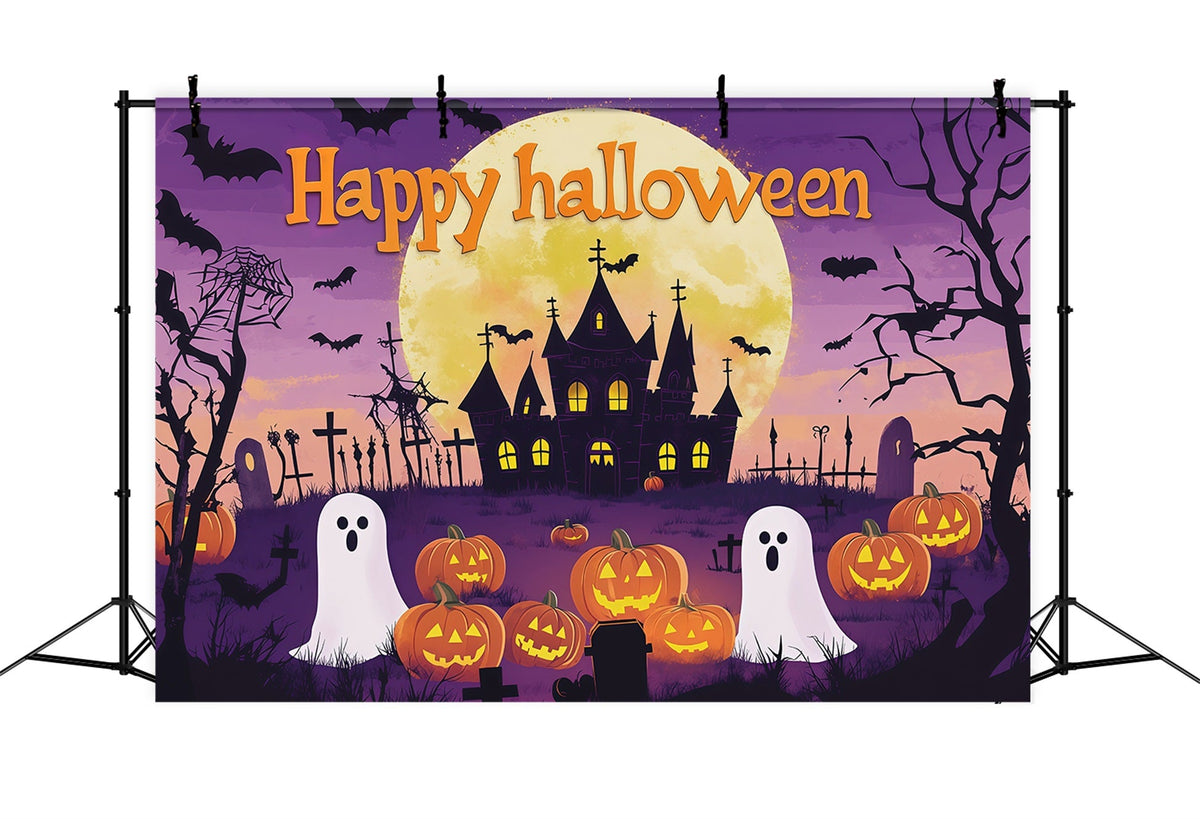 Décor De Fond Pour Fête D'Halloween Citrouilles Fantômes Et Lune Violette RR67-51
