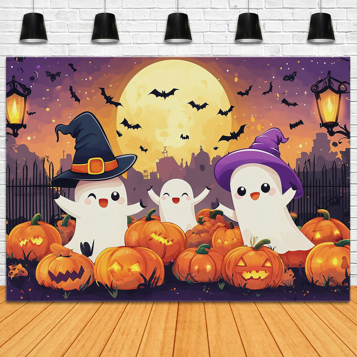 Décor D'Halloween Pour Photomaton Champ De Citrouilles Et Fantômes MignonDécor D'Halloween Mignon RR67-73