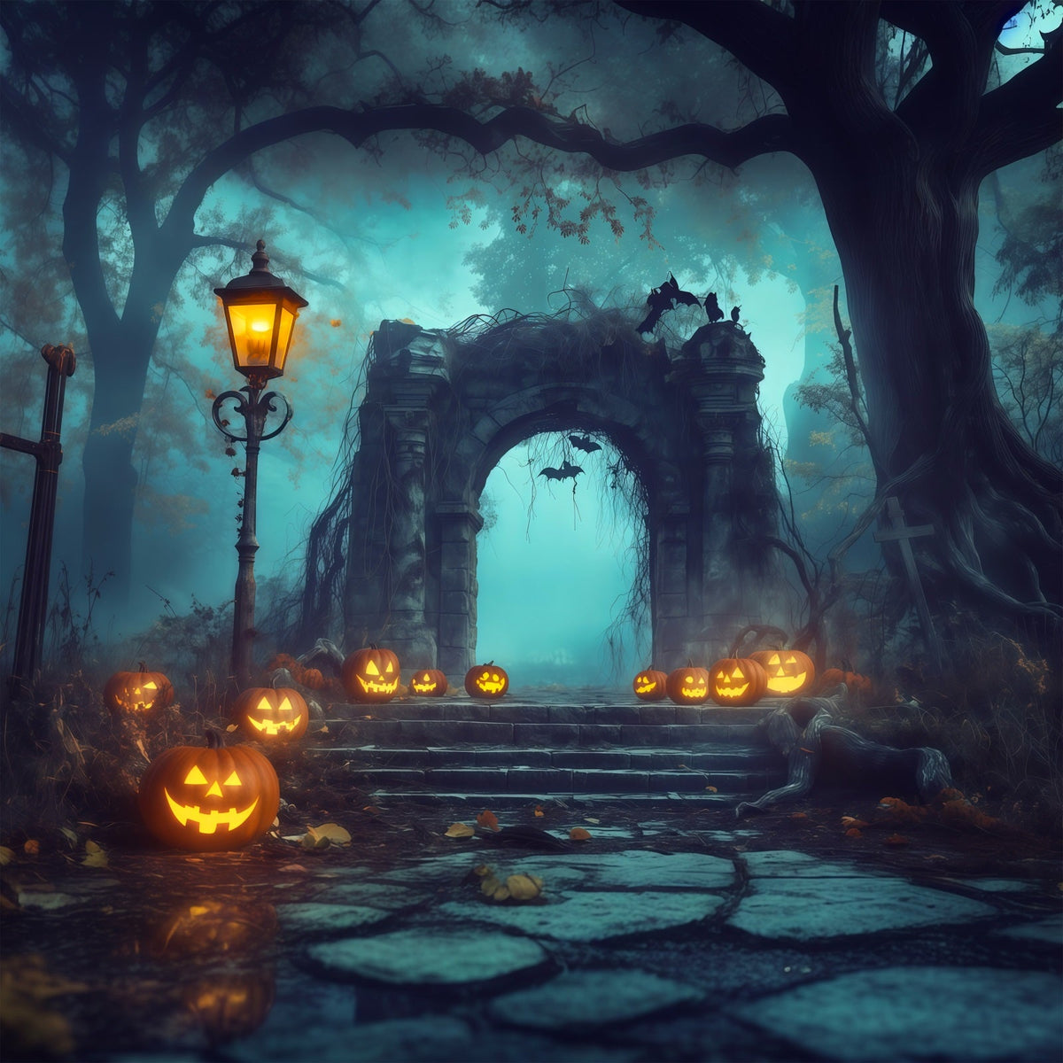 Décor De Forêt D'Halloween Avec CitrouilleA rche En PieRRe Et Brouillard Décor Vintage D'Halloween RR67-82